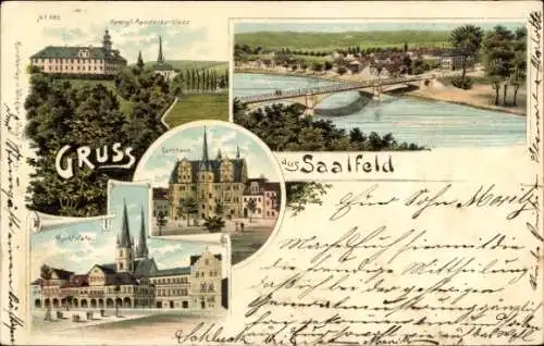 Litho Saalfeld an der Saale Thüringen, Residenzschloss, Rathaus, Marktplatz