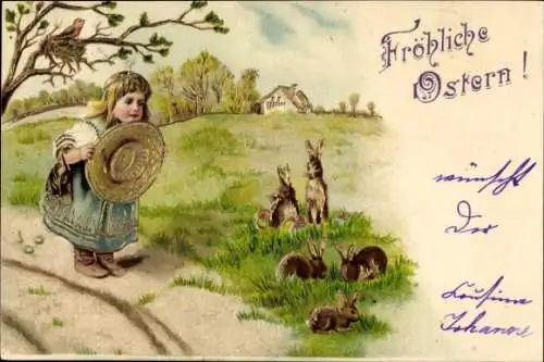 Präge Litho Glückwunsch Ostern, Hasen auf einer Wiese, Mädchen