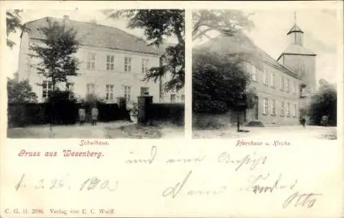 Ak Wesenberg in Mecklenburg, Schule, Pfarrhaus, Kirche