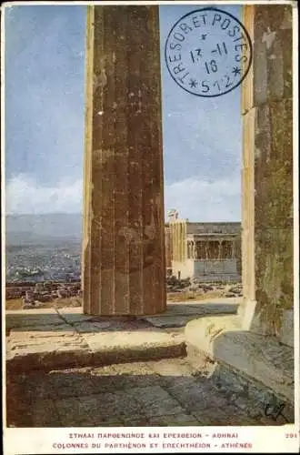 Künstler Ak Athen Griechenland, Colonnes du Parthenon et Erechtheion