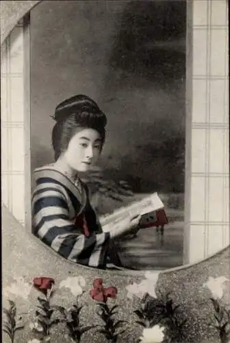 Ak Japan, Lesende junge Japanerin im Kimono, Hochsteckfrisur