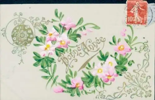 Zelluloid Ak Glückwunsch Neujahr, Blumen