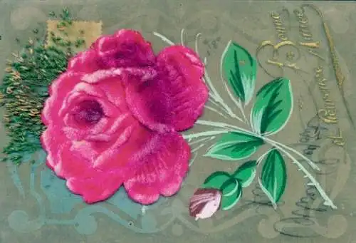 Zelluloid Ak Glückwunsch Neujahr, Stoffrose, Echte Pflanze