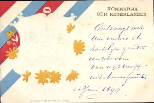 Präge Wappen Ak Königin Wilhelmina der Niederlande, Löwen, Blumen