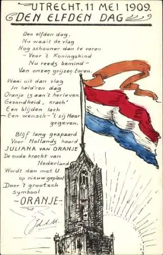 Ak Utrecht, Fest 1909, Niederländische Fahne, Juliana der Niederlande