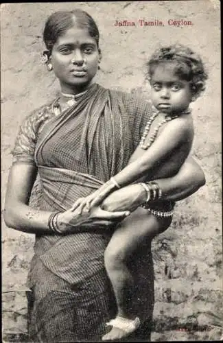 Ak Ceylon Sri Lanka, Jaffna Tamils, junge Mutter mit Kleinkind