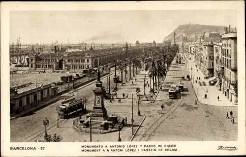 Ak Barcelona Katalonien Spanien, Monument a Antonio López y Paseo de Colon