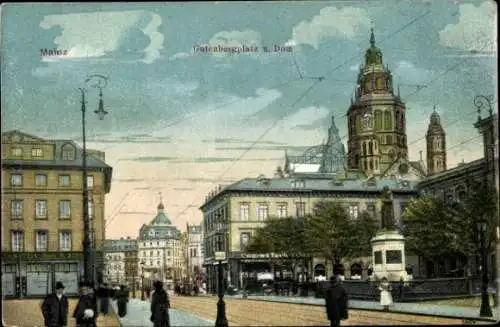 Ak Mainz am Rhein, Gutenbergplatz, Dom, Denkmal