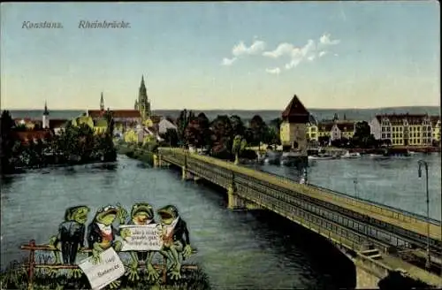 Ak Konstanz am Bodensee, Rheinbrücke, Panorama, vermenschlichte Frösche, Gedicht
