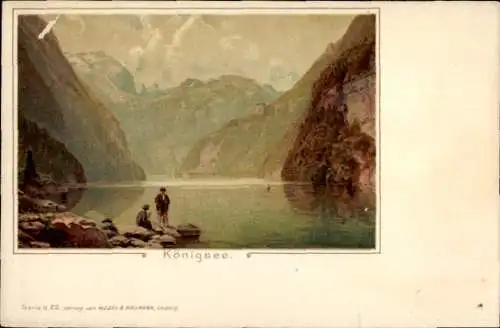 Künstler Litho Schönau am Königssee, Uferpartie mit Alpen