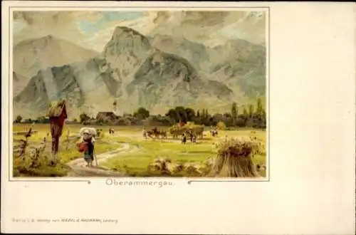 Litho Oberammergau in Oberbayern, Panorama, Bauern auf dem Feld