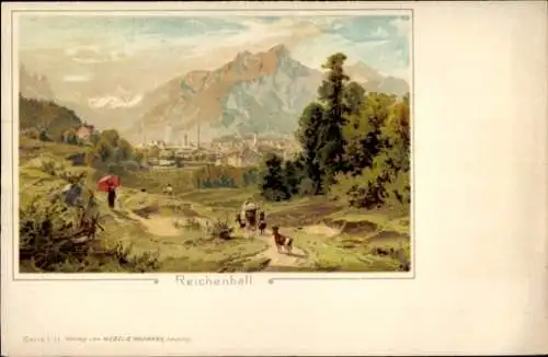 Litho Bad Reichenhall in Oberbayern, Hirte auf den Weg zur Stadt, Ziegen