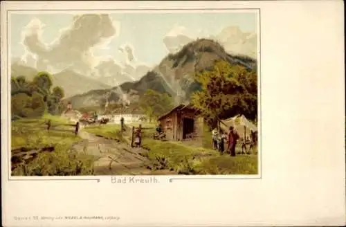 Litho Kreuth am Tegernsee Oberbayern, Landidyll, Berge, Verkaufsstand