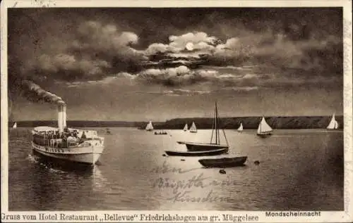 Ak Berlin Köpenick, Müggelsee, Mondscheinnacht, Dampfschiff, Vollmond, Segelboote