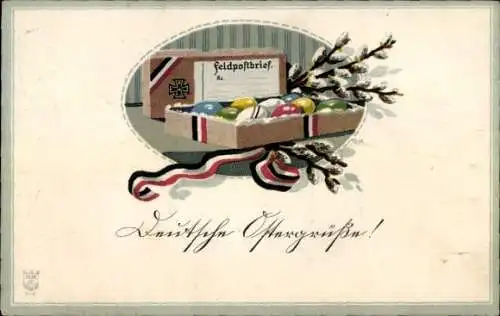 Ak Glückwunsch Ostern, Feldpostbrief, Weidenkätzchen, Ostereier