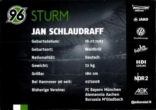 Autogrammkarte Fußball, Jan Schlaudraff, Hannover 96