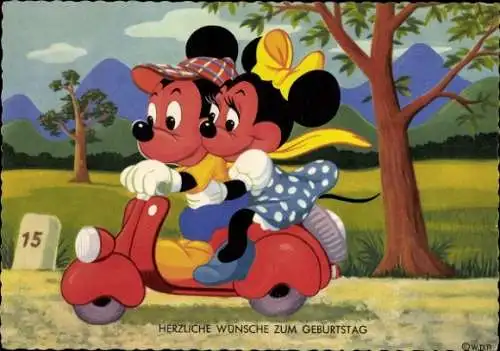 Ak Glückwunsch Geburtstag, Walt Disney, Mickey Mouse, Minnie Mouse, Motorroller