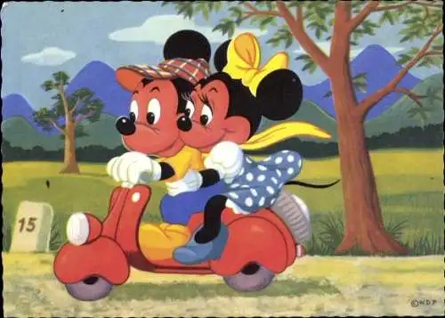 Ak Walt Disney, Mickey Mouse, Minnie Mouse, Motorroller