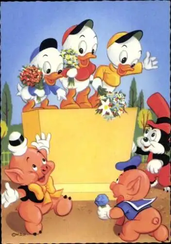Ak Disney, Tick, Trick und Track, Schweinchen, Blumensträuße