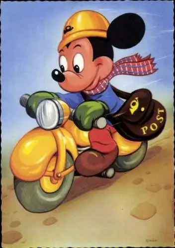 Ak Walt Disney, Mickey Mouse, Micky Maus auf einem Motorrad, Posttasche, Comic