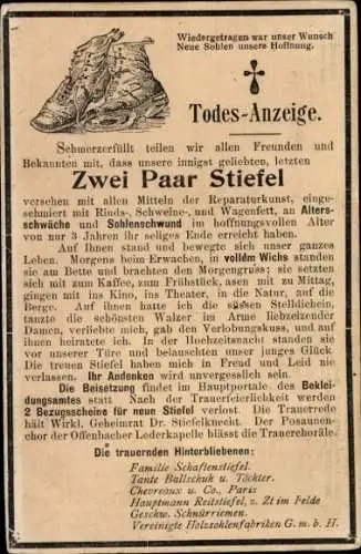 Ak Zwei Paar Stiefel, Todesanzeige Humor