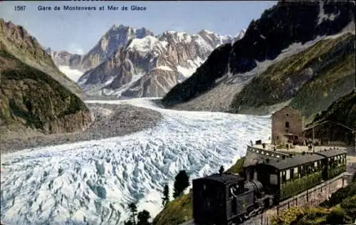 Ak Chamonix Mont Blanc Haute Savoie, Gare de Montenvers et Mer de glace, Zahnradbahn