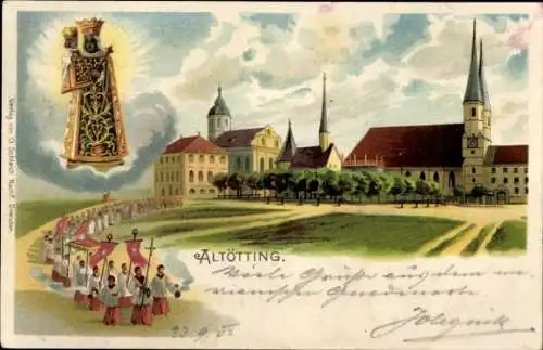 Litho Altötting in Oberbayern, Prozession, Kirchen, Wallfahrtsort, Marienbild