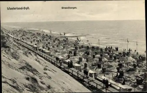 Ak Westerland auf Sylt, Strandburgen, Promenade, Strand, Brandung