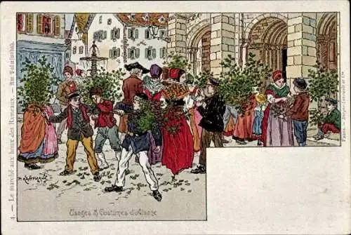 Künstler Litho Kauffmann, Im Elsass, Straßenszene, Am Palmsundah
