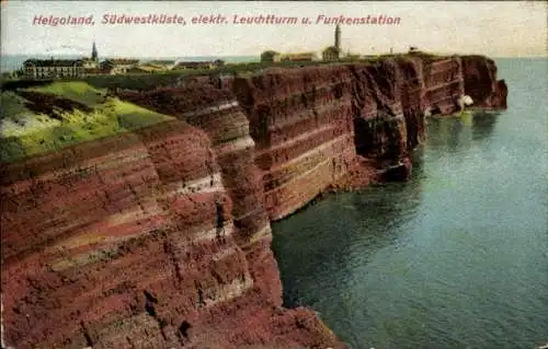 Ak Nordseeinsel Helgoland, Südwestküste, elektr. Leuchtturm, Funkenstation