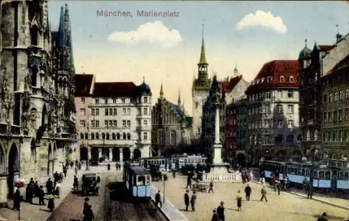 Ak München Bayern, Marienplatz mit Mariensäule, Straßenbahn