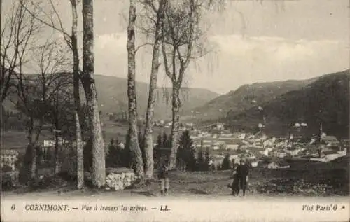 Ak Cornimont Vosges, vue a travers les arbres