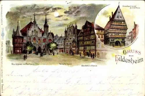 Mondschein Litho Hildesheim in Niedersachsen, Knochenhauer Amtshaus, Wedekindhaus, Templerhaus