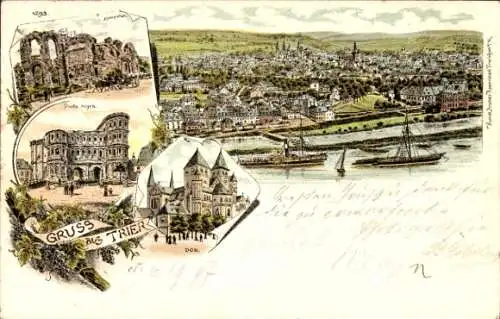 Litho Trier an der Mosel, Panorama, Porta Nigra, Dom