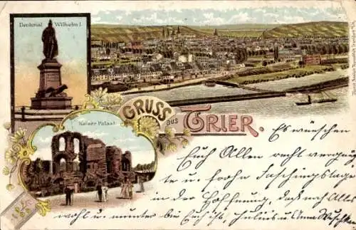 Litho Trier an der Mosel, Panorama, Kaiser-Palast, Denkmal Wilhelm I.