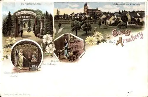 Litho Arenberg Koblenz am Rhein, Totale von Arenberg, Grotte, Werkstatt d. hl. Joseph