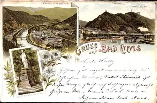 Litho Bad Ems an der Lahn, Bäderley, Concordiaturm, Kaiser Wilhelm Denkmal