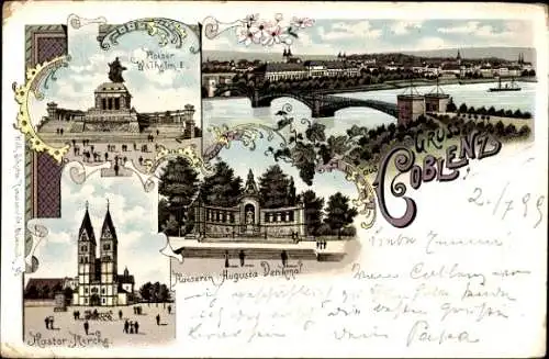 Litho Koblenz am Rhein, Denkmal Kaiser Wilhelm I., Augusta Denkmal, Stadt