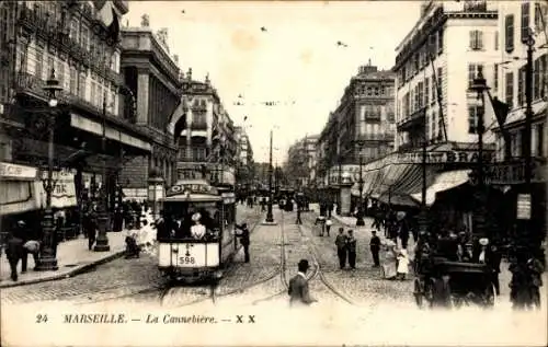 Ak Marseille Bouches du Rhône, La Cannebière, Straßenbahn