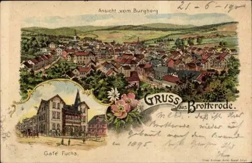 Litho Brotterode in Thüringen, Totalansicht vom Burgberg, Cafe Fuchs