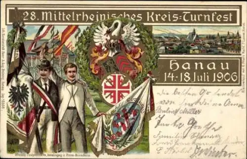 Präge Wappen Litho Hanau im Main Kinzig Kreis Hessen, 28. Mittelrheinisches Kreisturnfest Juli 1906