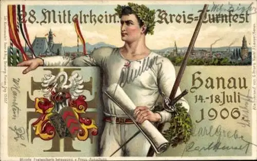 Präge Wappen Litho Hanau am Main, 28. Mittelrheinisches Kreisturnfest, 14. - 18.07.1906