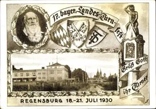 Passepartout Ak Regensburg an der Donau Oberpfalz, 17. bayer. Landesturnfest 1930, Turnvater Jahn