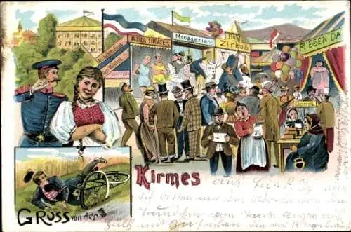 Litho Kirmes, Festplatz, Attraktionen, Besucher, Zirkus, Menagerie, Riesendame