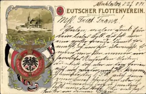 Präge Wappen Litho Deutscher Flottenverein, Kriegsschiff, Kaiserliche Marine