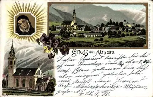 Litho Absam in Tirol, Totalansicht, Kirche
