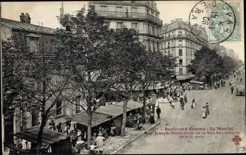Ak Paris XVIII., Boulevard Ornano, Le Marche, Rue Joseph Dijon, vue prise de la Rue Bandelique