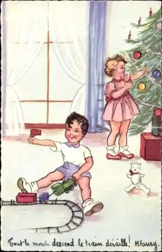Ak Glückwunsch Weihnachten, Kinder mit Spielzeugen, Tannenbaum, Spielzeugeisenbahn