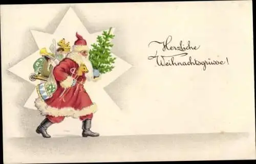 Ak Frohe Weihnachten, Weihnachtsmann mit Tannenbaum, Geschenke