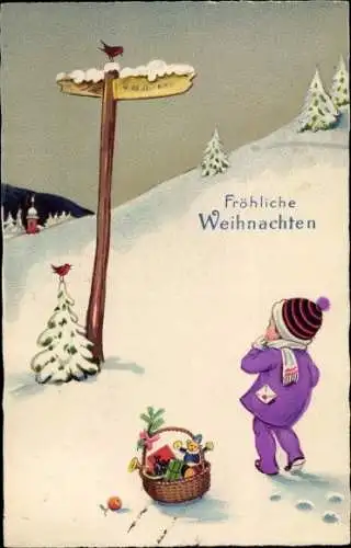 Ak Glückwunsch Weihnachten, Kind, Korb mit Geschenken, Wegweiser
